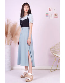 Fine Back Waistband Button Down Pleated Side Slit Long Maxi Skirt (Light Grey Blue)